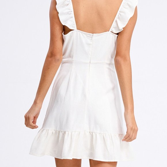 New Square Neckline Ivory Linen Ruffle Sun Dress - Picture 6 of 7